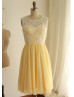 Ivory Lace Yellow Chiffon Popular Short Prom Dress